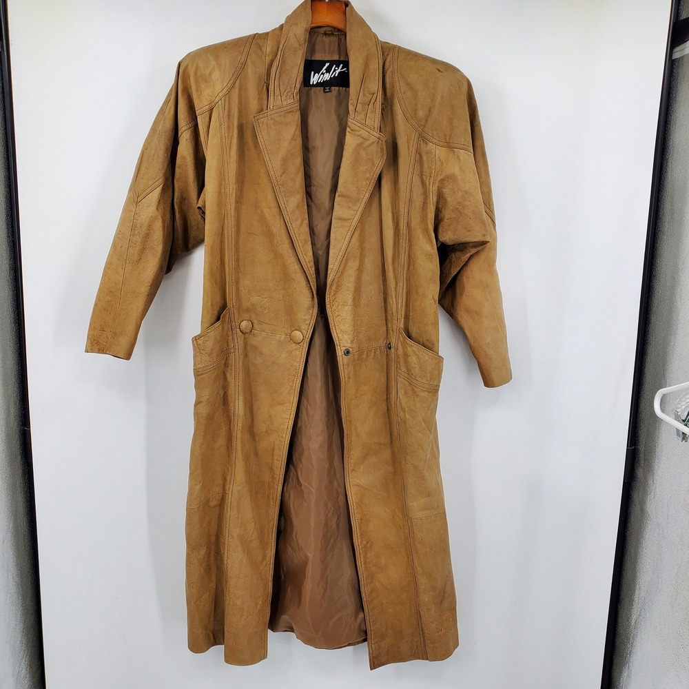 Winlit Vintage Tan Leather Trench Coat Medium Dolman Sleeve Long Western Grunge